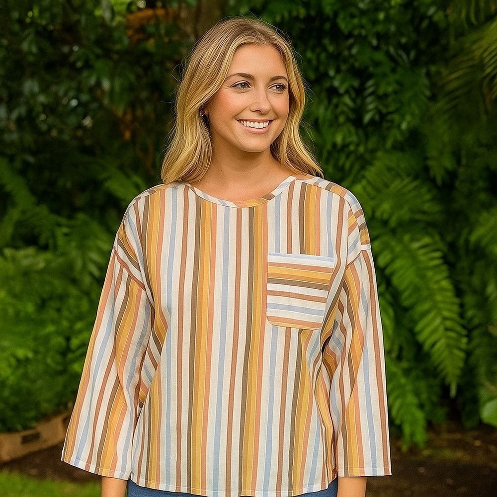 Soft Surroundings Multicolor Stripe Blouse Lagenlook Bohemian Coastal Chic 2X